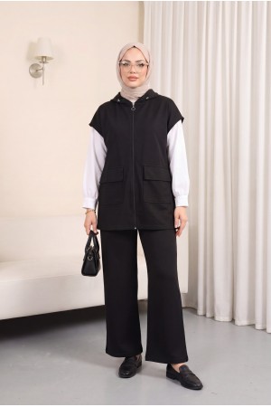 Yakası Lastik Detaylı Çift Cepli 2 İplik Penye Takım -Siyah