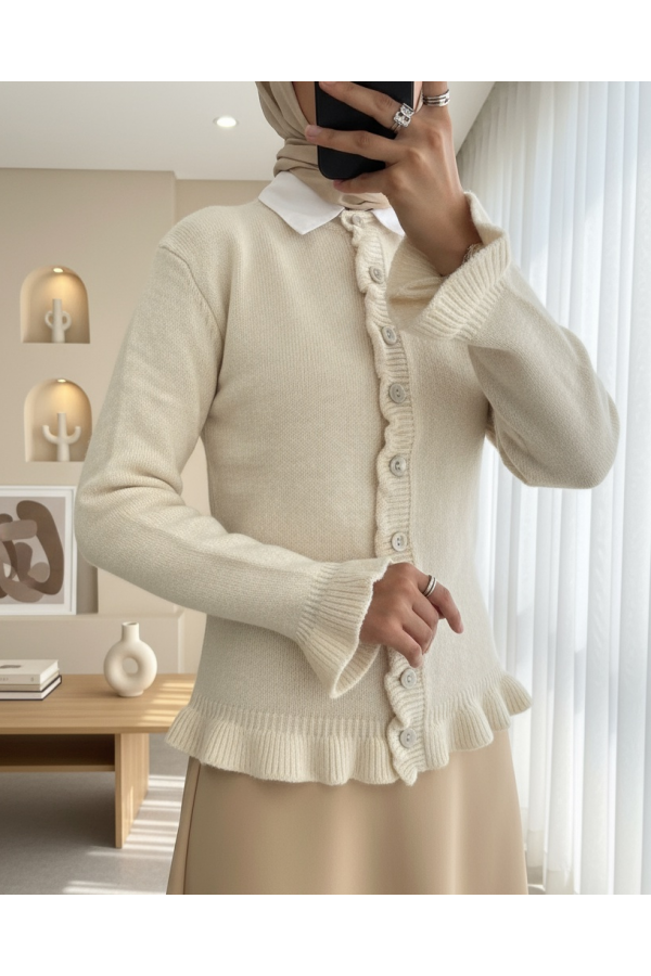Buttoned Front and Ruffled Skirt Cardigan -Stone