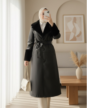 Fur-lined, buttoned-front, belted leather coat -Black