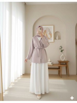 Beli Kuşaklı V Yaka  Scuba Kimono  -Bej