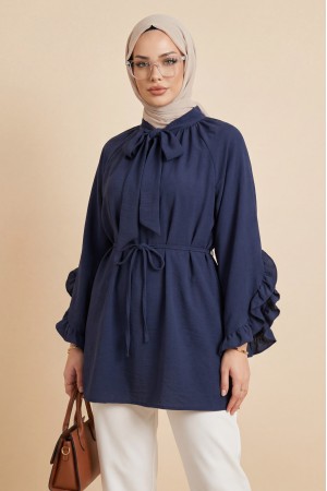 Yakası Bağcıklı Fermuarlı Kolu Fırfırlı Kemerli Modal Tunik -Laci