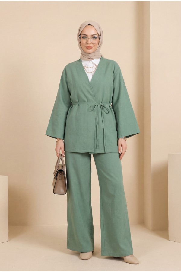 Önden Bağlamalı Pantolonlu Kimono Takım    -Mint