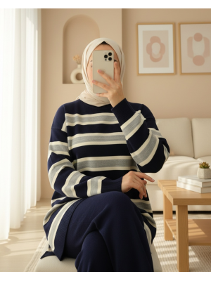 Yuvarlak Yaka Renkli Çizgili Salaş Triko Takım -Gri