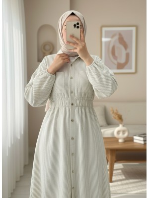 Striped Dress with Elastic Waist and Buttons - Beige