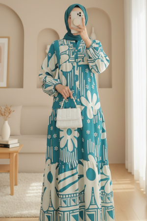 Yarım Düğmeli Parçalı Çiçekli Pamuklu Poliviskon Elbise -Mint