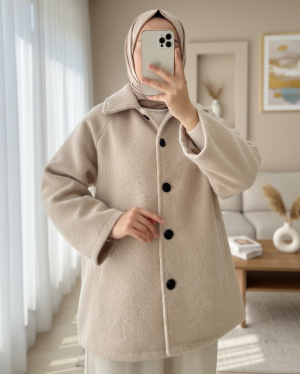 Double Pocket Front Buttoned Lined Boucle Coat - Beige
