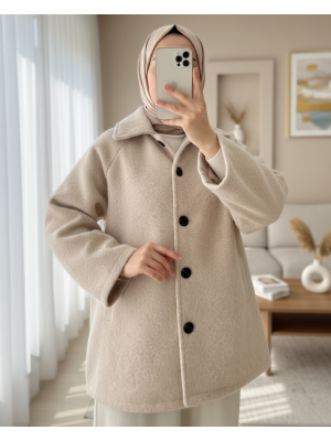 Çift Cepli Önü Düğmeli Astarlı Buklet Kaban -Bej