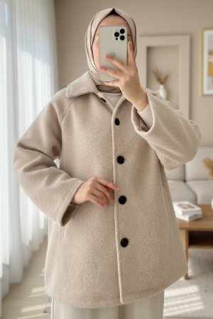 Çift Cepli Önü Düğmeli Astarlı Buklet Kaban -Bej