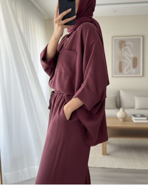 Double Pocket Half Bat Sleeve Loose Shirt Set  -Maroon