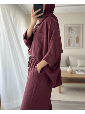 Çift Cepli Yarım Yarasa Kol Salaş Gömlek Takım  -Bordo