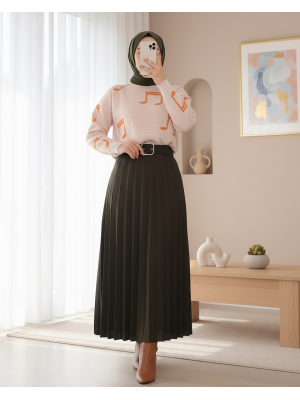 Tokalı Kemerli Pileli Kışlık Kadife Tesettür Etek -Haki