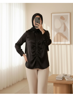 20112 Büzgülü Saten Gömlek - Siyah