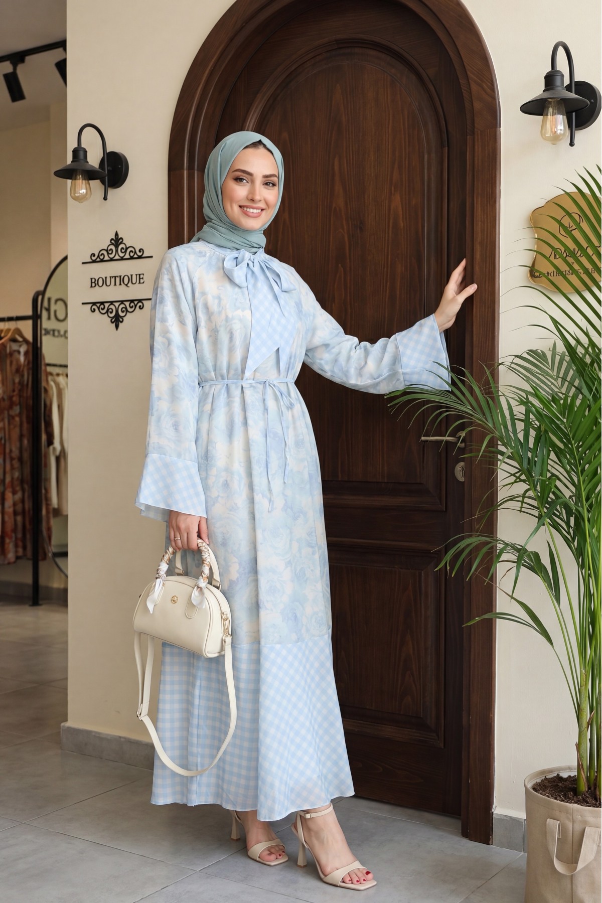 Patterned lined chiffon dress with tie-neck and waist -Light blue