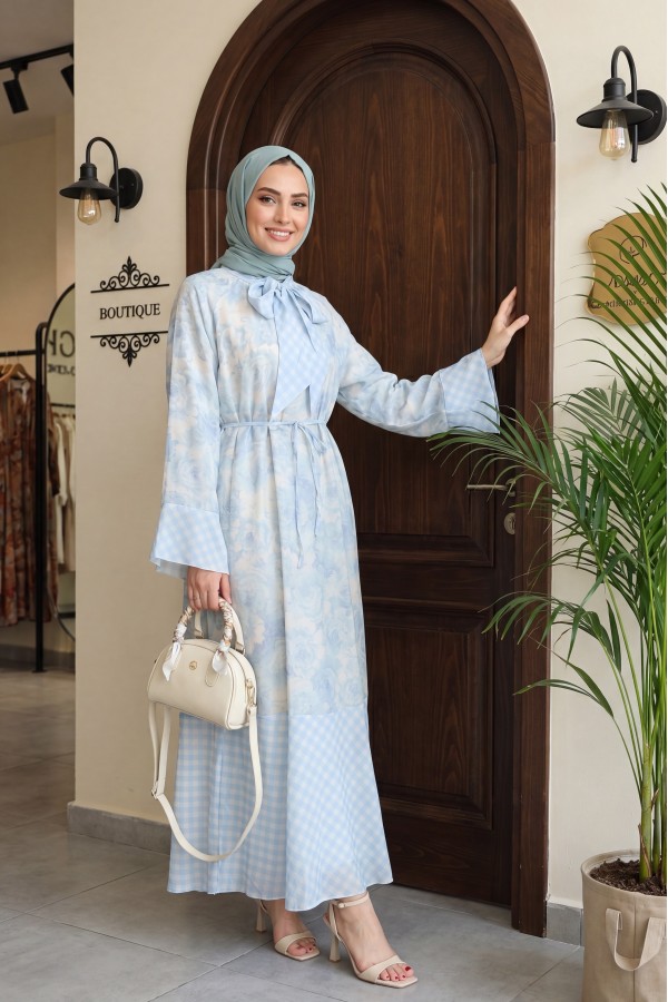 Patterned lined chiffon dress with tie-neck and waist -Light blue