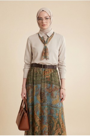 Boydan Düğmeli Kapalı Pat Eteği Etnik Desenli Takım -Bej