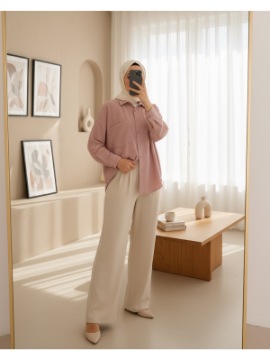 20153 Tek Cepli Oversize Keten Gömlek - Gül Kurusu