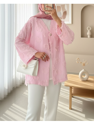 Tek Düğmeli Püskül Detaylı Yırtmaçlı Kimono -Pudra