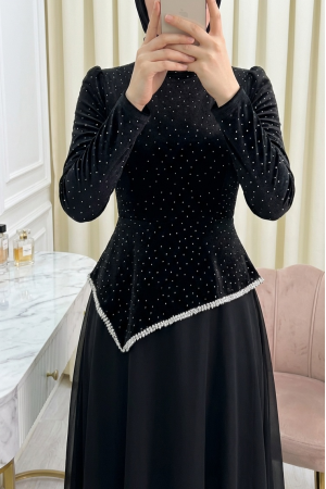 Asymmetrical Top, Stone Detailed Chiffon Skirt -Black