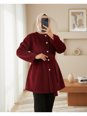 Buttoned Waist Tied Fur Jacket  -Maroon