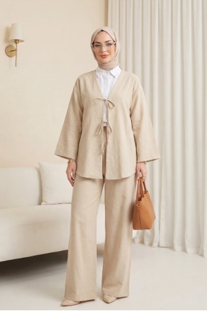 Önü Çift Bağlamalı Pantolonlu Kimono Takım -Bej