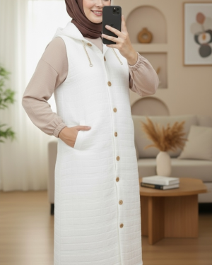 Quilted Vest with Buttoned Front and Chain Detailed Hood -White