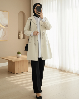 Araboy Trench Coat with Folded Sleeves and Tunnel Lace -Stone