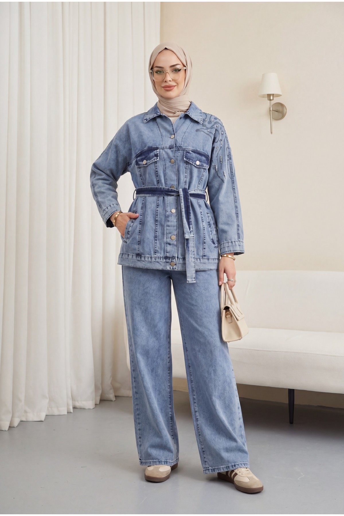 Denim Suit with Pocket Details, Button-Front Closure, Belted Waist, and Rhinestone Embellishments -Ice Blue