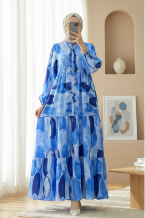 Daire Desen Yarım Düğmeli Kolu Lastikli Elbise -Koyu Mavi