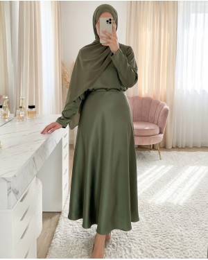 Zra Düz Saten Etek -Haki