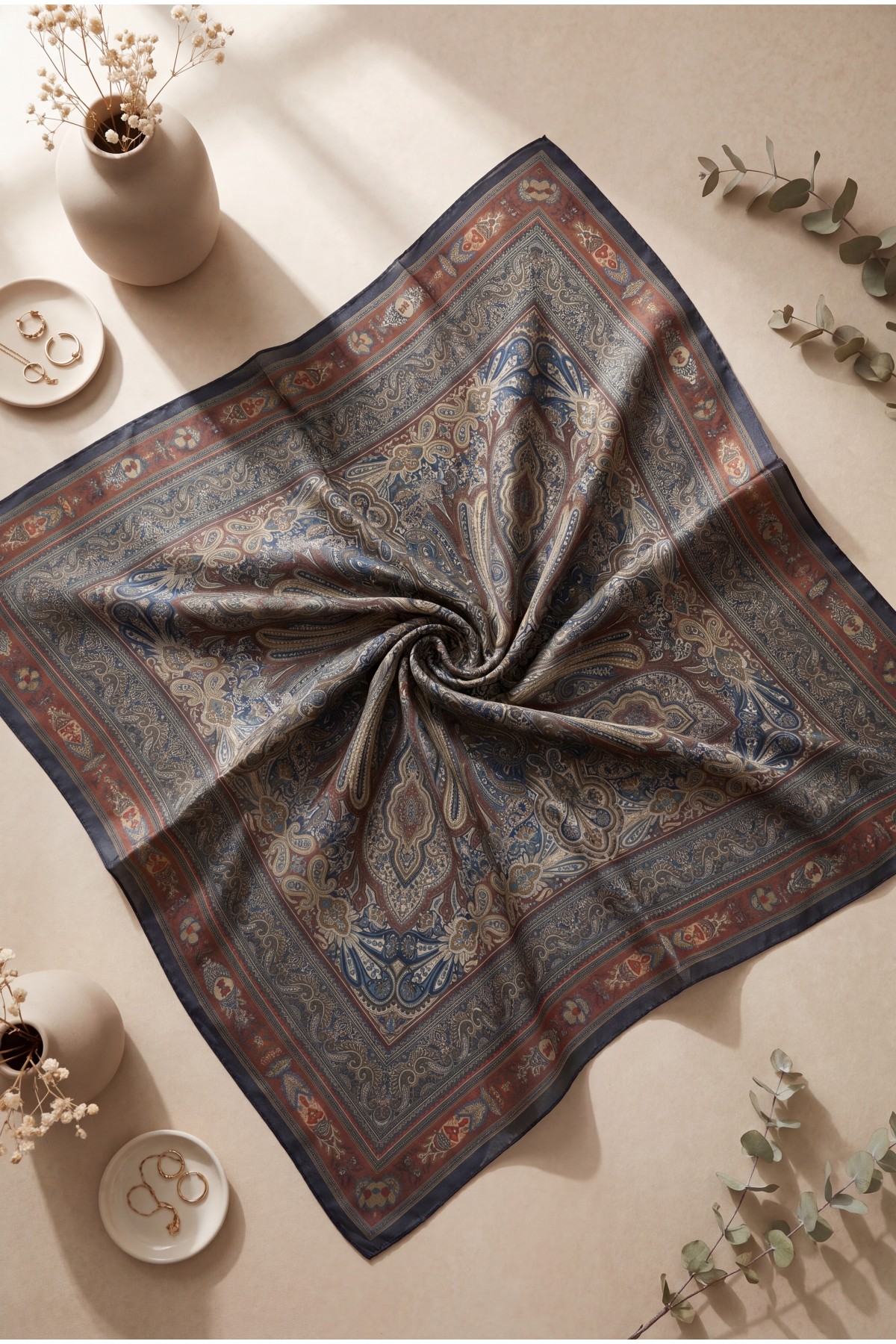 Framed Ethnic Pattern Cotton Scarf -Maroon