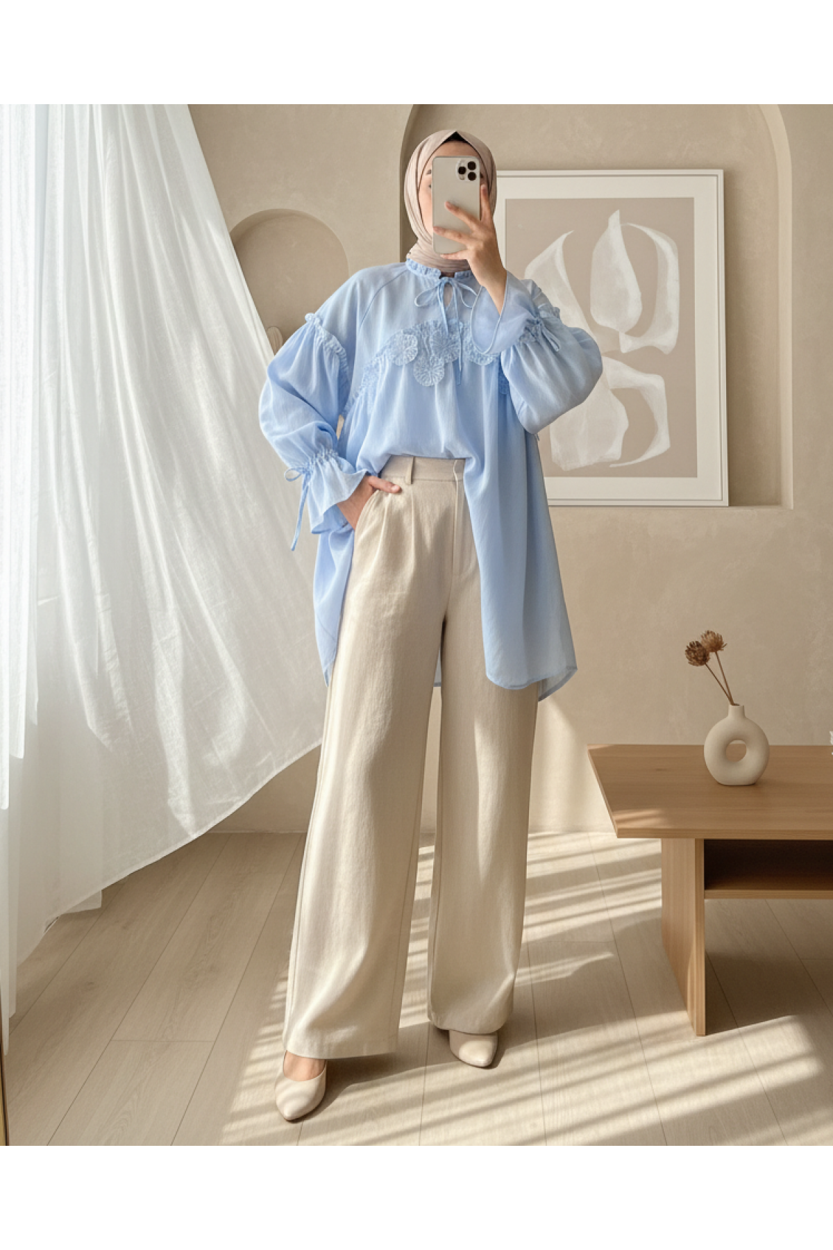 Raw Linen Shirt with Tied Collar and Sleeves and Floral Detail on the Front-Blue
