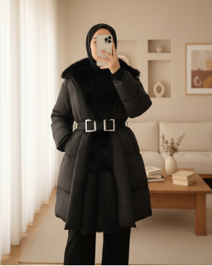 Fur Detailed Belted Pocket Lined Puffer Coat -Black