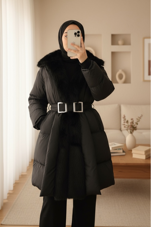 Fur Detailed Belted Pocket Lined Puffer Coat -Black
