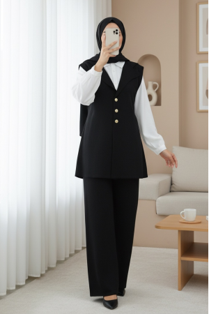 Düğmeli V Yaka Yelek Pantolon Triko Takım -Siyah