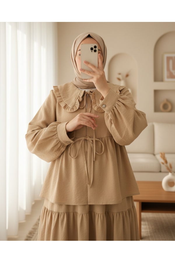 Lace-up suit with layered skirt detail - Beige