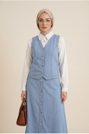 Yelek Etek Düğmeli Kot Takım -Açık Mavi