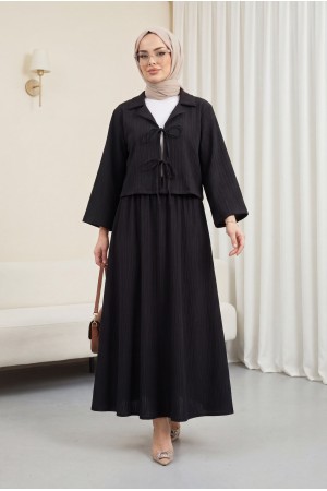 Önü Bağlamalı Etekli Krinkıl Takım  -Siyah