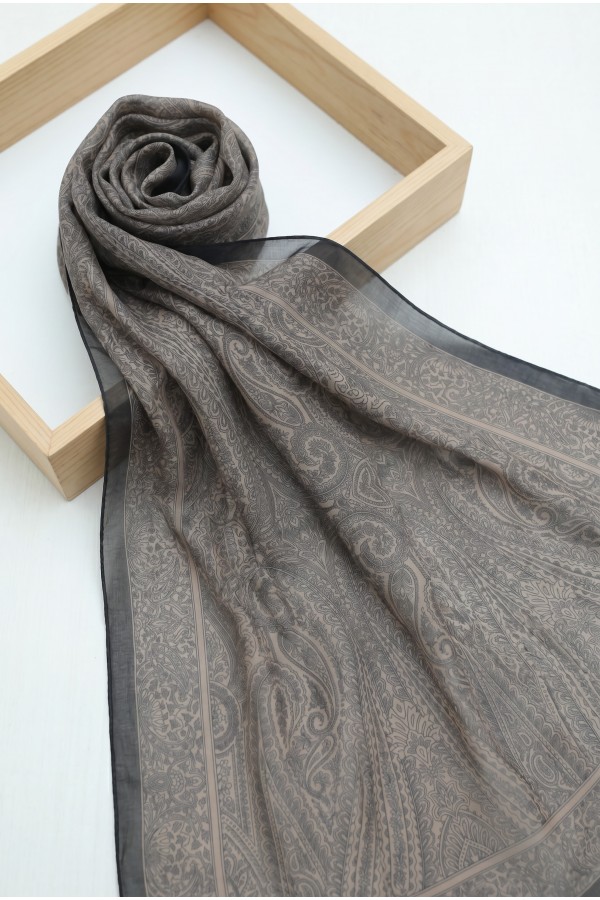 Ethnic Patterned Voile Scarf -Brown
