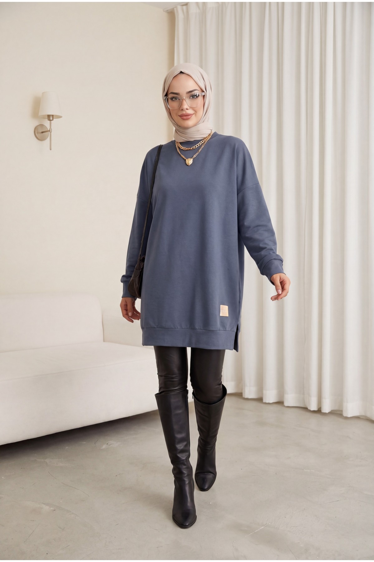 Crew Neck Slit Sweatshirt      -Anthracite