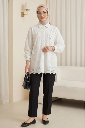 Organze Tül Detaylı İnci Düğmeli Arkası Uzun Fistolu Tunik -Beyaz