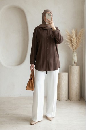 Tek Cepli Çizgi Desen Krinkıl Gömlek -Kahve