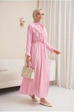 Belted, Elasticated Waist, Half-Button Closure, Tie-Neck, Ruffled, Lined Cupra Dress -Pink
