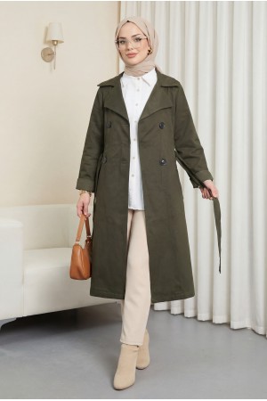 Kolu Katlamalı Düğmeli Kemerli Trençkot -Haki