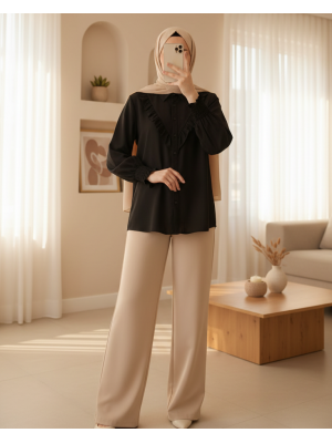 20223 Fırfırlı Uzun Kol Gömlek - Siyah