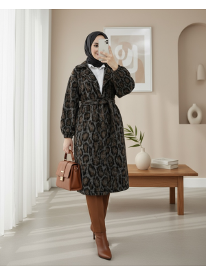 Kruvaze Yaka Kemerli Cepli Leopar Desen Kaşe Kap -Leopar