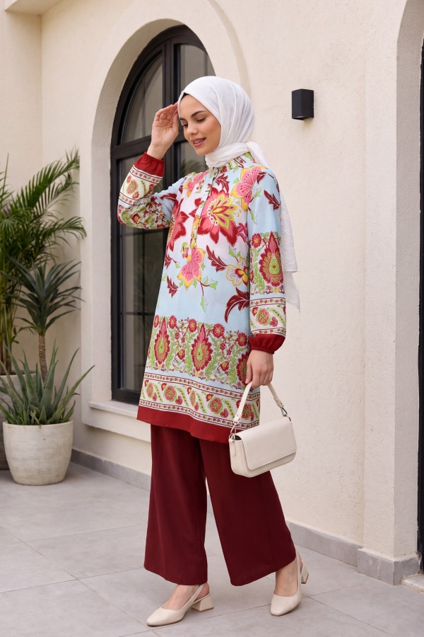 Floral Patterned Half Buttoned Cotton Viscose Tunic -Brick color
