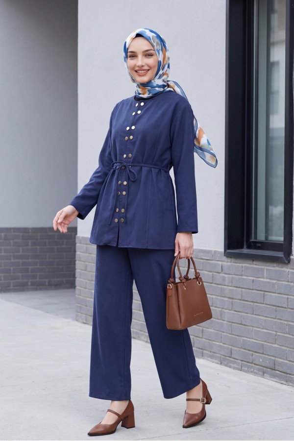 Modal Suit with Double Snap Button Detail, Round Neck, Wide Leg Trousers -Navy blue