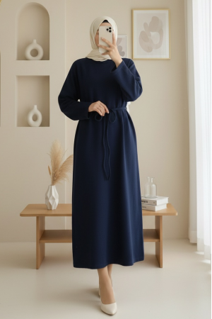 Beli Bağlamalı Yuvarlak Yaka Selanik Elbise -Laci