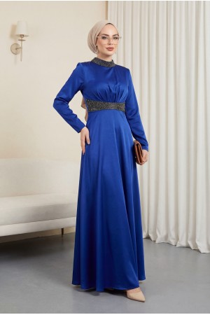 Yakası ve Beli Taş Detaylı Saten Abiye -Saks