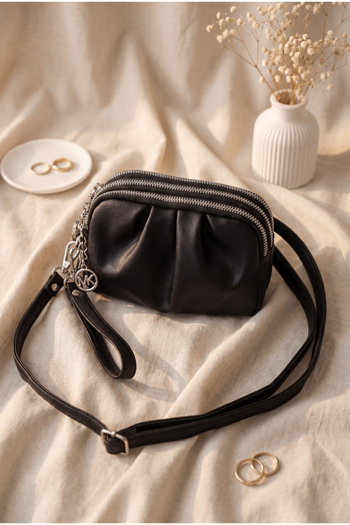 Three-Compartment Zippered Long Shoulder Bag -Black